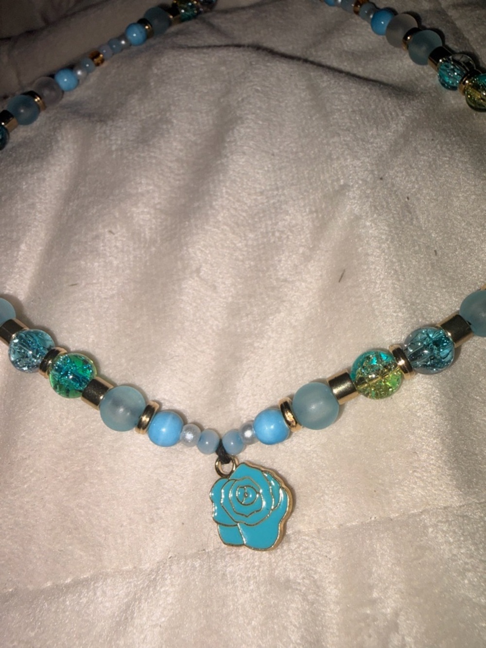 Blue Beaded Rose Charm Necklace Choker- Women Jewelry